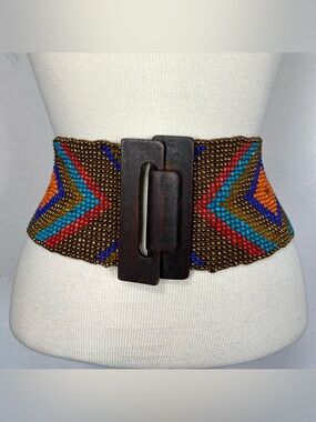 Handmade Beaded Multicolor Wide Waist Belt with Wooden Buckle